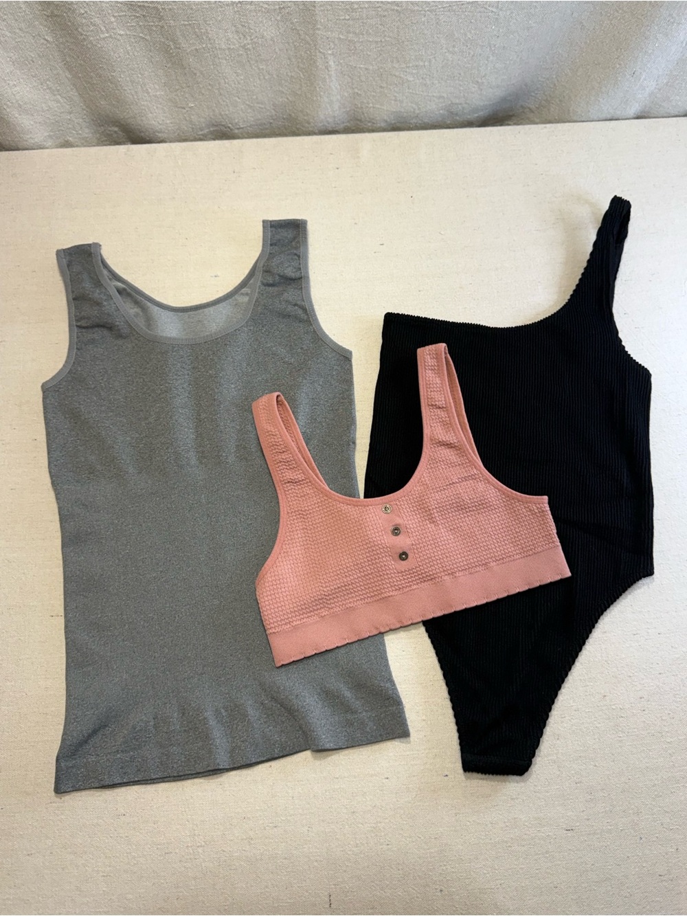 Gray Tank Top, Black One-Shoulder Bodysuit & Dusty Pink Ribbed Bralette Set